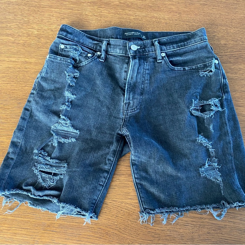 Abercrombie & Fitch Relaxed Denim Shorts - Ripped Black Wash